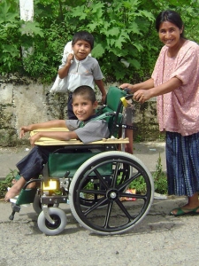 A KidChair individually fitted for the unique posture of this recipient. They added a desk for writing and eating, often the first time a child can do these activities with more independence.